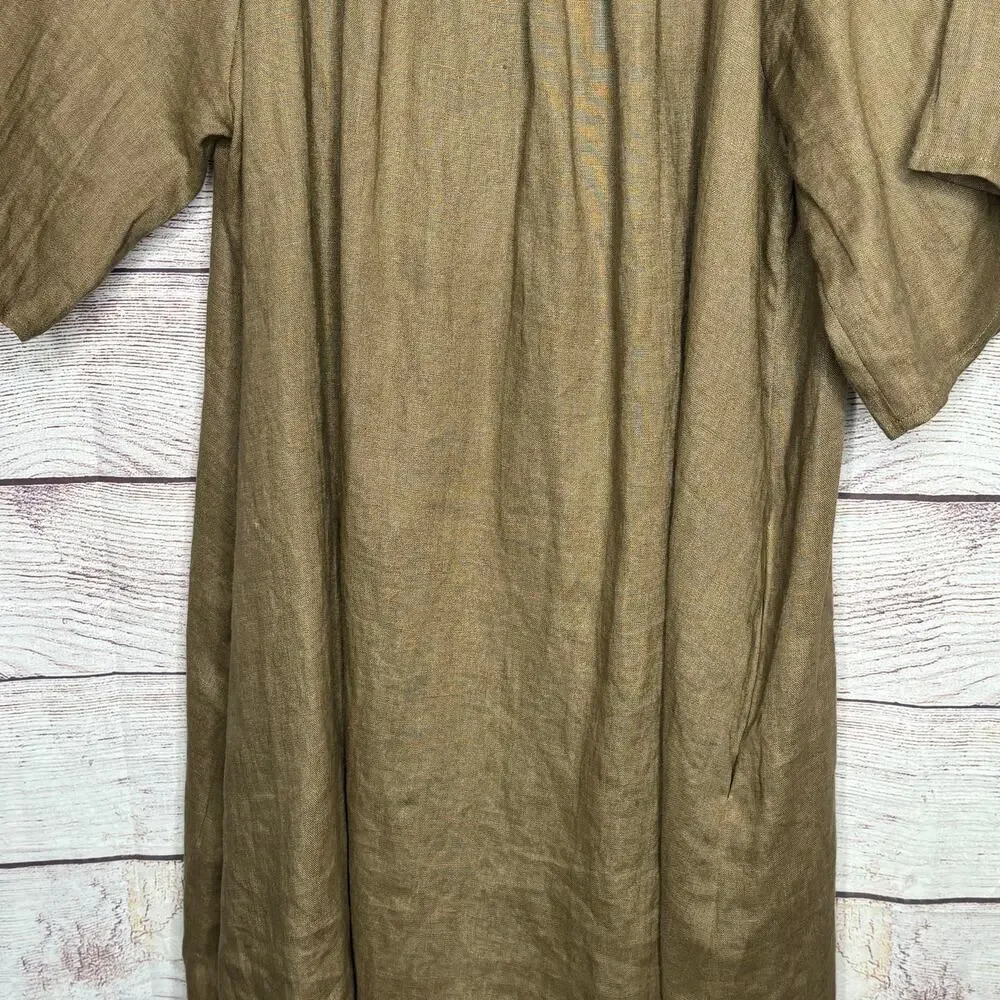 Miou Muse 100% Linen Brown Lagenlook Beachy Relaxed Casual Dress Size Medium